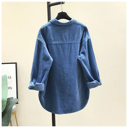 2023 frühling Herbst Cord Langarm-shirt für Frauen Koreanische Ausgabe Casual Mode Medium länge Shirts Weibliche Outwear Tops.