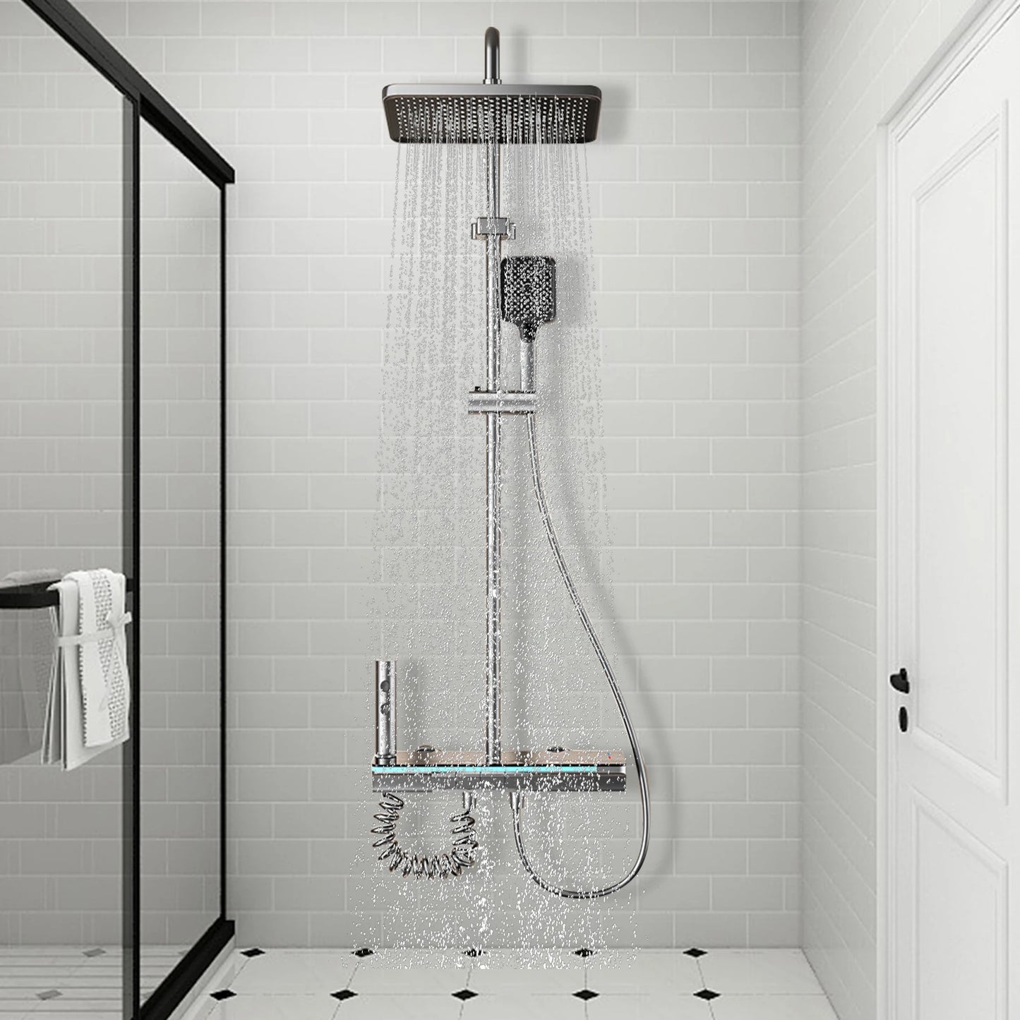 Digital Thermostatic Shower System with Smart Temperature Memory, Easy to Install LED Rain Shower & Brass Faucet Set