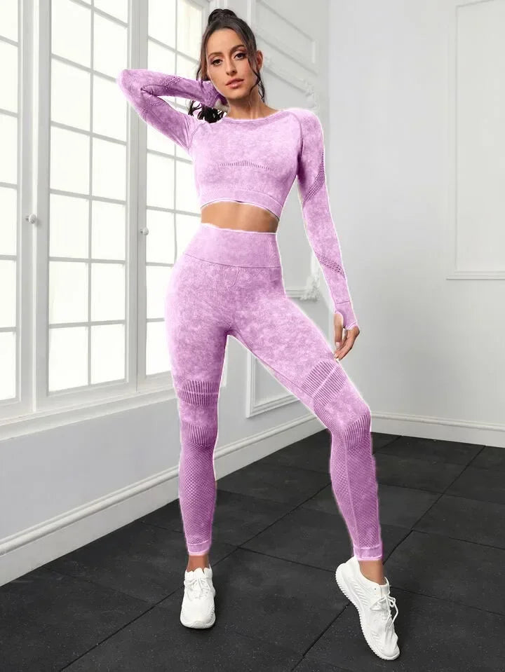 2 Piece Acid Wash Gym Set Women Seamless Long Sleeve Leggings Tracksuit Sports Fitness Suit Scrunch Workout Clothes Yoga Outfits