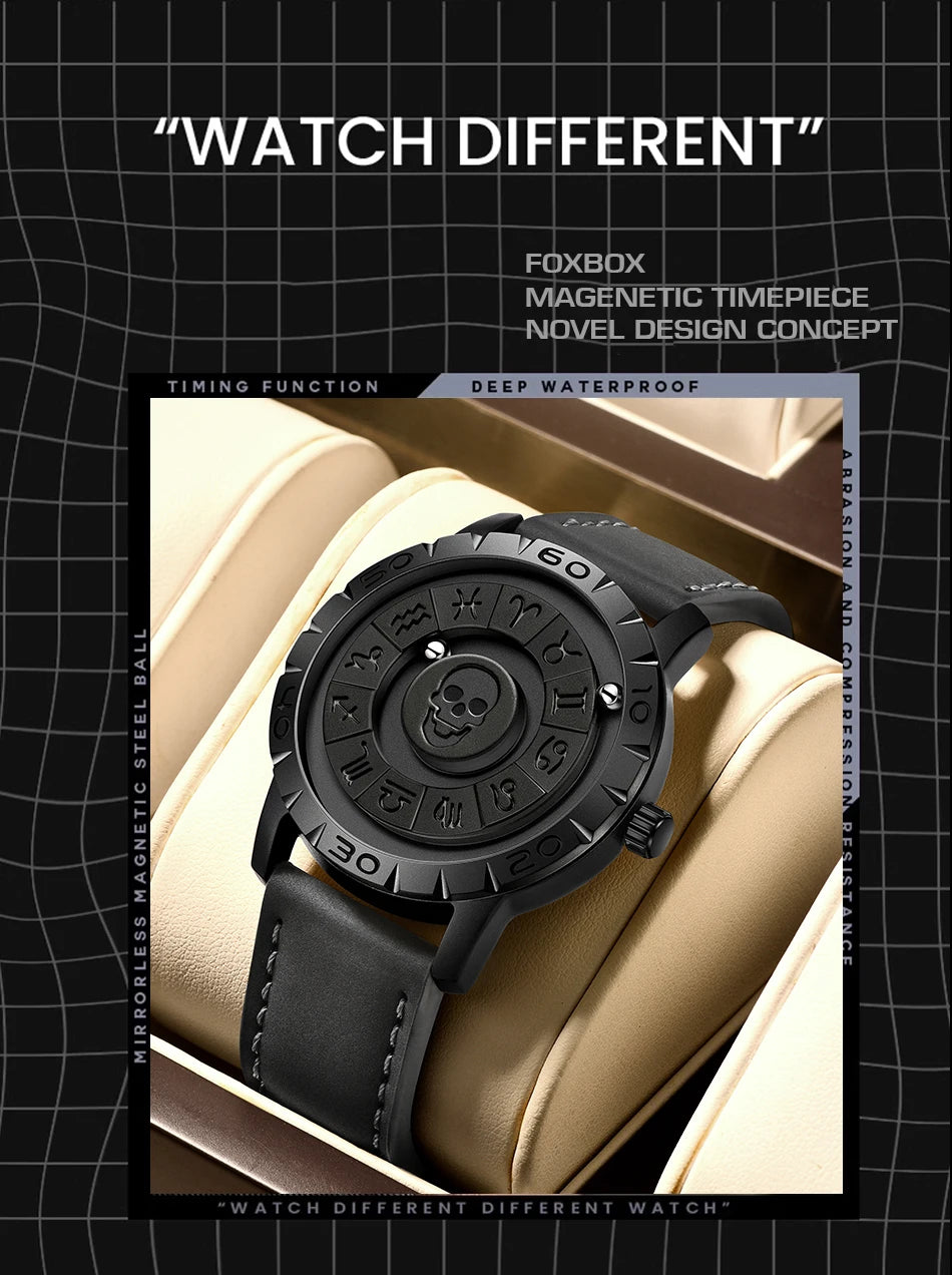 LIGE FOXBOX Unique Design Quartz Man Watch Simple Fashion Leather Belt Casual Sports Magnetic Srolling Beads Skull Men's Watches.