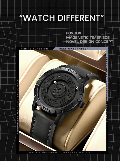 LIGE FOXBOX Unique Design Quartz Man Watch Simple Fashion Leather Belt Casual Sports Magnetic Srolling Beads Skull Men's Watches.