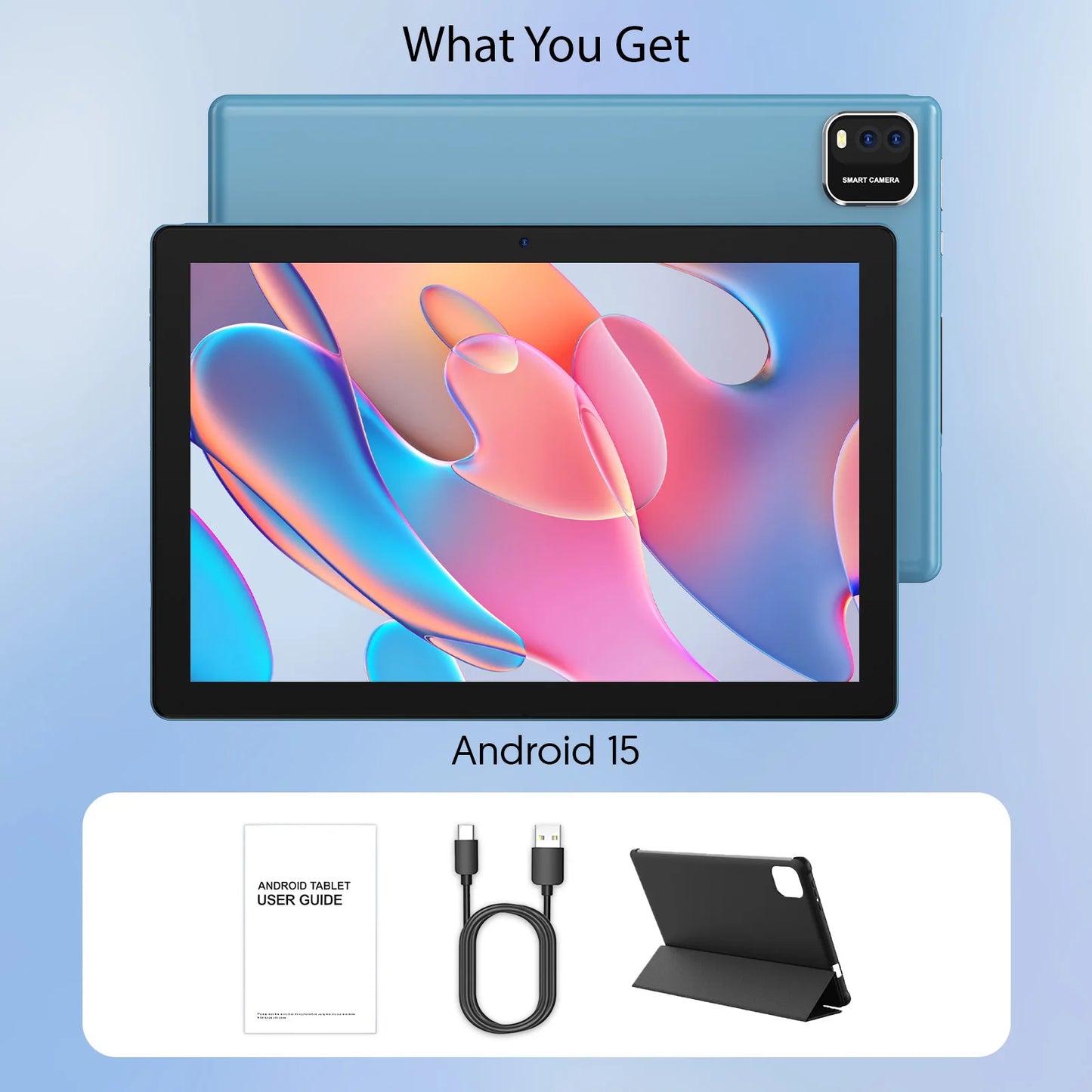 BAKEN Android 15 tablet, 10-inch, 12 (3+9)GB RAM + 64GB ROM, quad-core, 6000mAh battery, includes a free protective case.