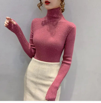 Women Clothing Fashion Elegant Turtleneck Pullover Autumn Winter Solid Slim Long Sleeve Sweater Office Lady Casual Dignified Top.