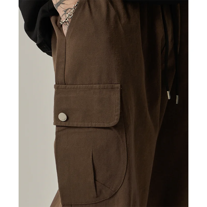 Men's Sweatpants 2025 Spring Autumn Vintage Japanese Wide Leg Straight Loose Button Big Pockets Cargo Pants Drawstring Trousers.