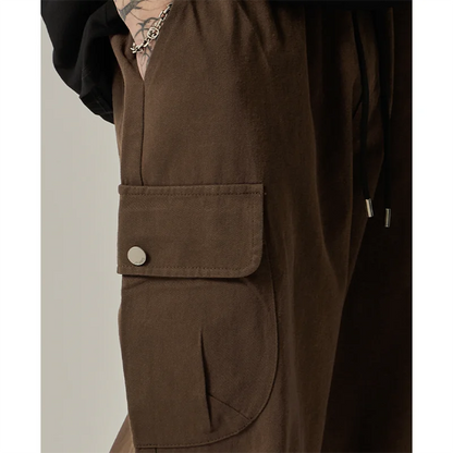 Men's Sweatpants 2025 Spring Autumn Vintage Japanese Wide Leg Straight Loose Button Big Pockets Cargo Pants Drawstring Trousers.