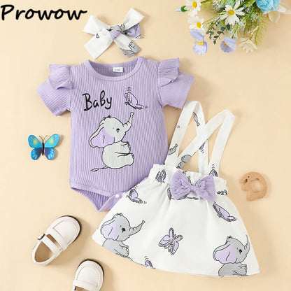 Prowow Günstige Preis Kleidung Baby Mädchen Outfits Set Niedlichen Elefanten Body und Hosenträger Kleid 3 stücke Neugeborene Geburt Set Kleidung.