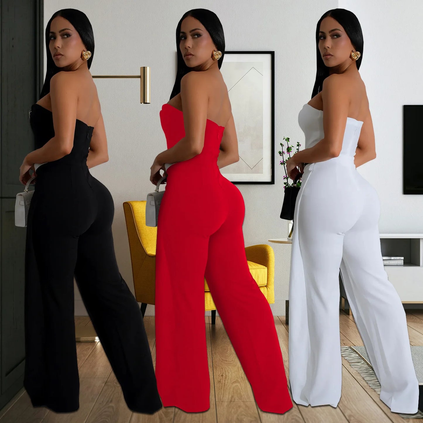 Elegant Sleeveless Wrap Chest Women's Button Strapless Irregular Jumpsuits 2025 One PieceWide Leg Outfits Night Club Streetwear.