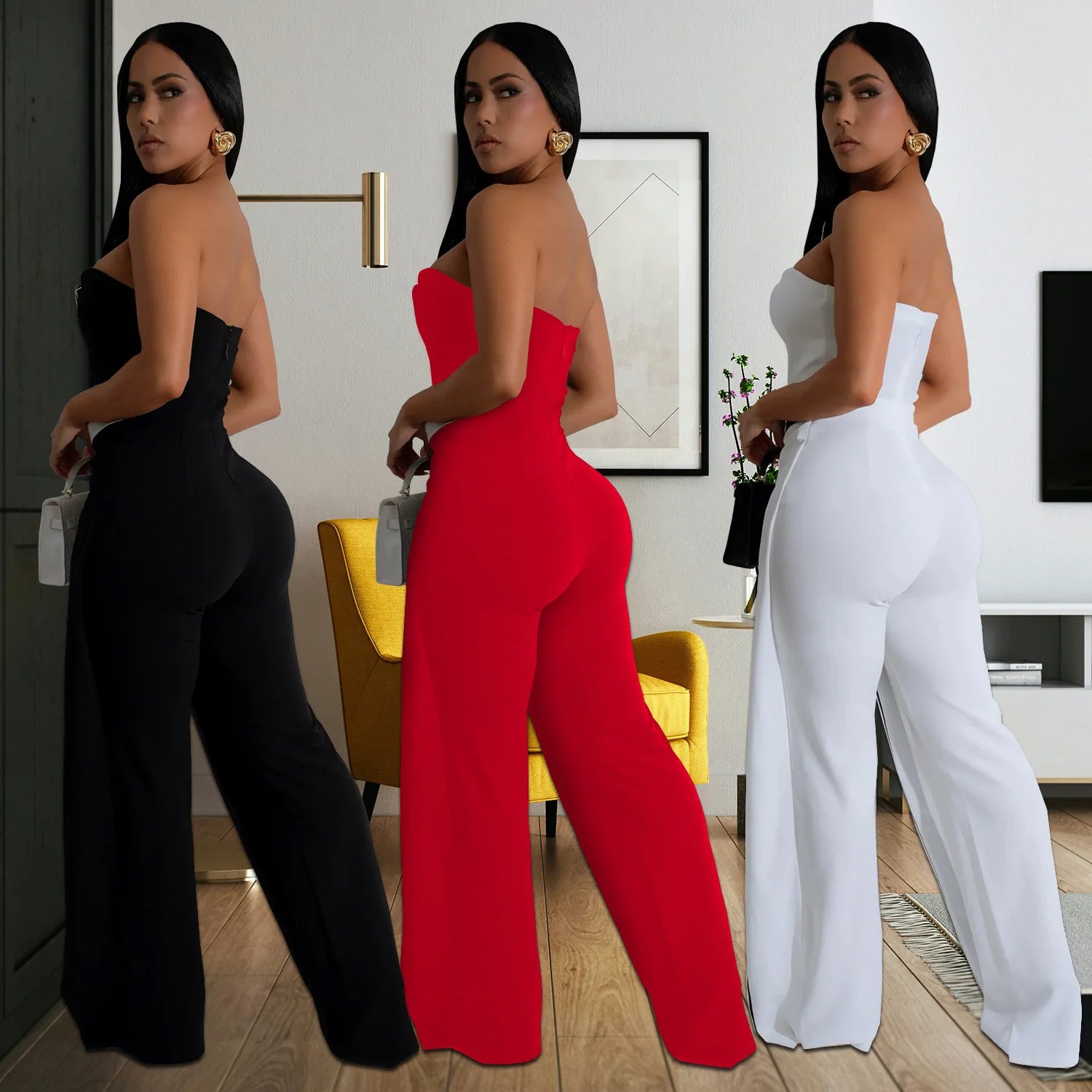 Elegant Sleeveless Wrap Chest Women's Button Strapless Irregular Jumpsuits 2025 One PieceWide Leg Outfits Night Club Streetwear.