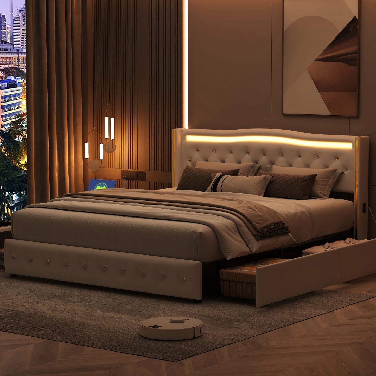 Rosahqnda Modernes Doppelbettgestell aus weißem PU-Leder, vergoldetes Kopfteil mit vier Schubladen ohne Matratze