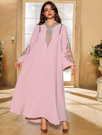 2025 Dubai New Inspired Pink Muslim Abaya Colorful Embroidery on Neckline & Sleeves Perfect for Middle Eastern Cultural Events.