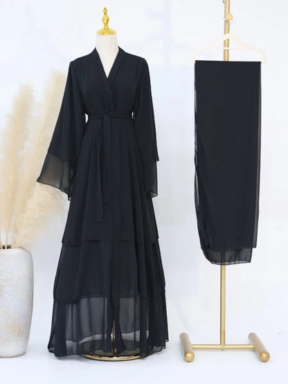 Eid Muslim Abaya for Women Chiffon 3 Layers Cake Party Cardigan Robe Jalabiya Dresses Ramadan Morocco Abayas Kaftan Vestidos