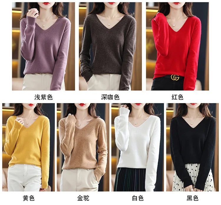 Herbst Winter Frauen Pullover 2025, Koreanische Mode Strickwaren Warme Lange Hülse V-ausschnitt Stricken Pullover Slim Fit Bodenbildung Shirt Jumper