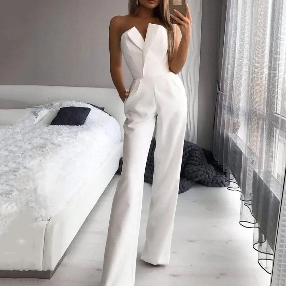Summer Long Rompers Women Jumpsuit Elegant Strapless Summer Sleeveless Wide Leg Club Party Outfits Work 2024 White Overalls.