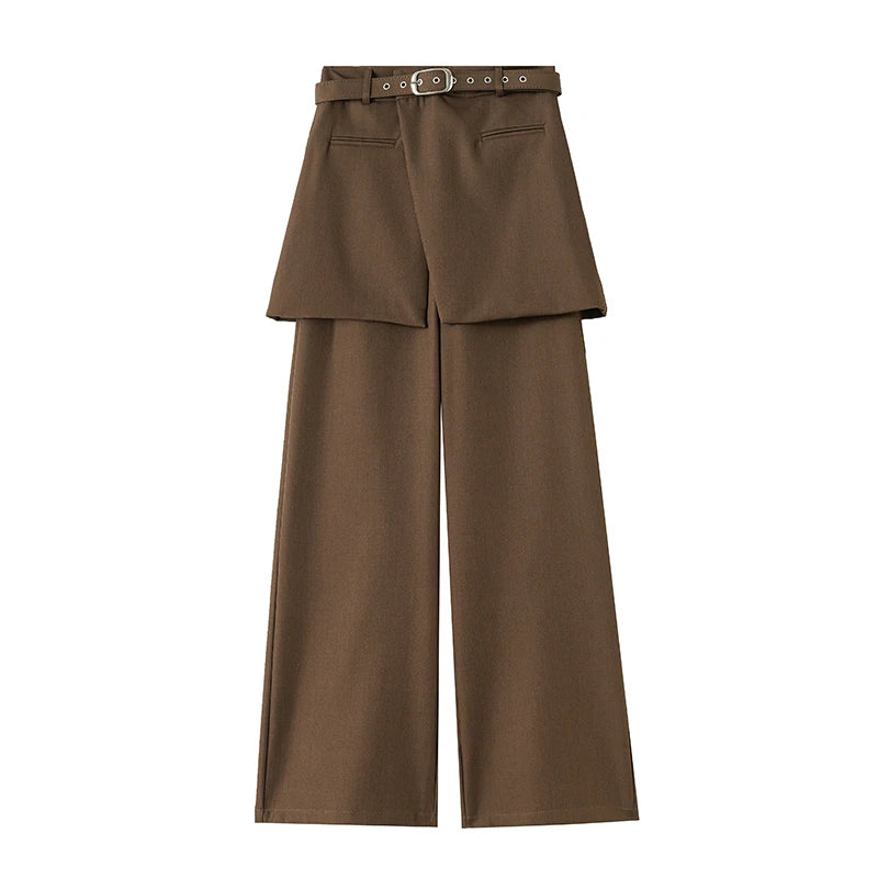 Design Style Fake Two-piece Curtain Suit Pants Women Fall High Waisted Wide Leg Trouser Office Ladies High Quality Straight Pant.