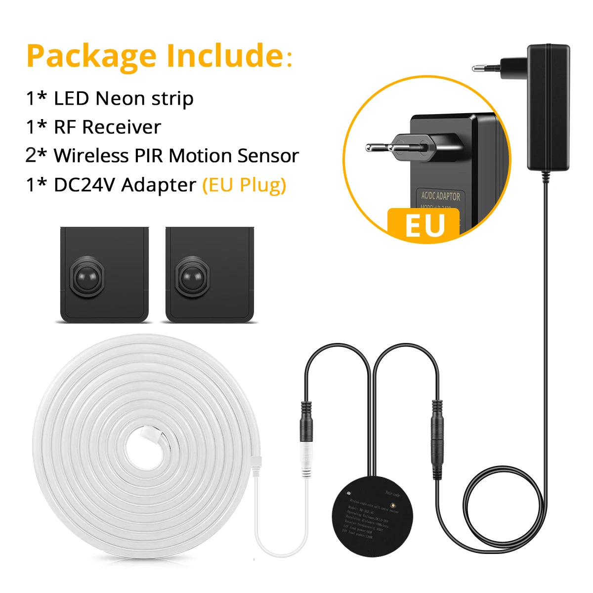 DC24V 10M/5M Silicone Tube Neon LED Strip Light With 2 Wireless Moveable PIR Motion Sensor Switches For Bedroom Corridor Stairs