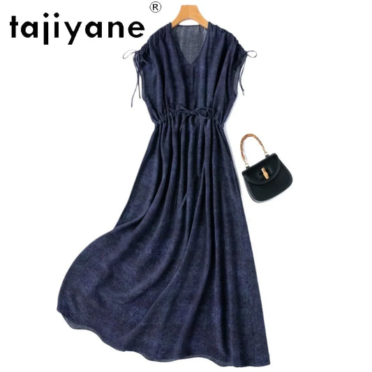 TAJIYANE 100% Maulbeerseide Kleid Frau Sommer 2025 Elegante Lange Kleider Denim Gedruckt Party Kleider Damen Kleidung Vestidos.