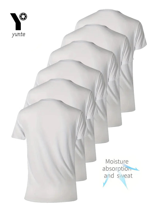 Round Neck T-Shirt 6-Piece White Ultra-Light Men's Quick-Drying Breathable Sweat-Absorbent Shirt Suitable for Fitness Gym and Ru.
