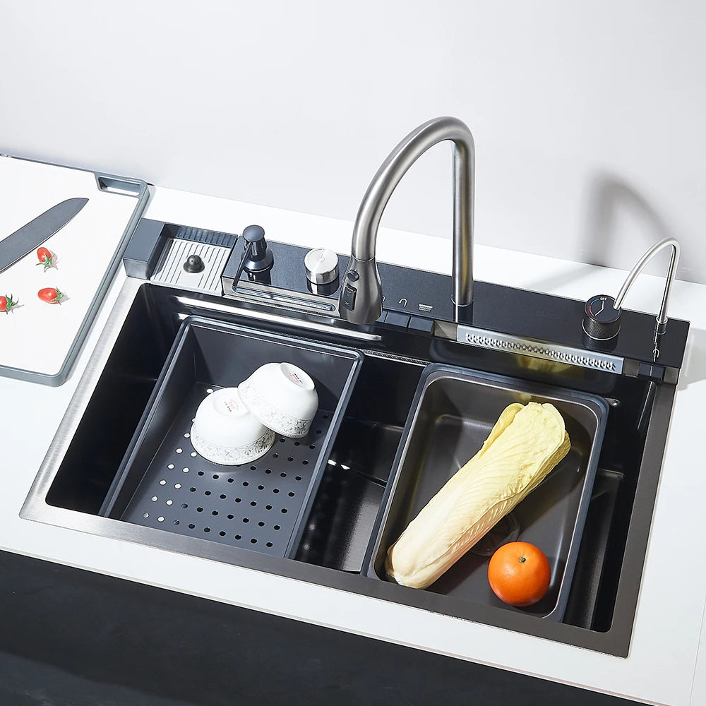 Wasserfall-Küchenspüle aus Edelstahl 304, großes Einzelschlitz-Wasserhahn-Set mit integrierter Digitalanzeige, Seifenspender, 75 x 45 cm