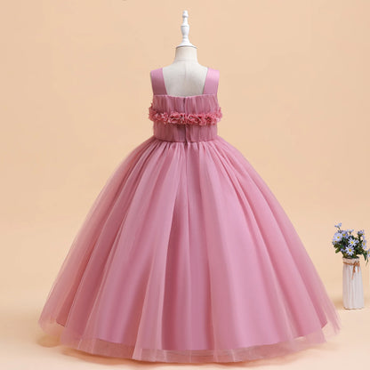 Mädchen Partykleider Weiß Langes Hochzeit Brautjungfer Prinzessin Kleid Abend Tüllkleid Abschlussball Klavier Performance Kleid.