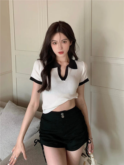 Jielur Spell Color Polo Knitting Women's Blouses Slim Sexy Short Sleeve Summer New Casual Female Blouse Chic Simple Office Lady.