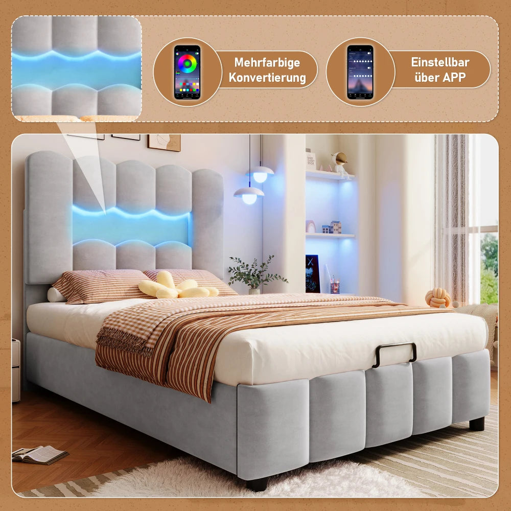 Modernes Polsterbett, 90 x 200 cm, ohne Matratze, LED-Beleuchtung, mit hydraulischem Gerät, verstellbarer Kopfteil, Samt, Grau