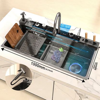 Küchenspüle, Wasserfall-Waschbecken aus Edelstahl, extra großer Einzelschlitz mit Digitalanzeige, Wasserhahn-Set für die Küche