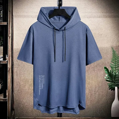 2025 Men's Summer Hoodies T-shirts Short Sleeve Solid Color Loose Hooded Drawstring Pullover Tops Basic Tees for Daily Wear Male