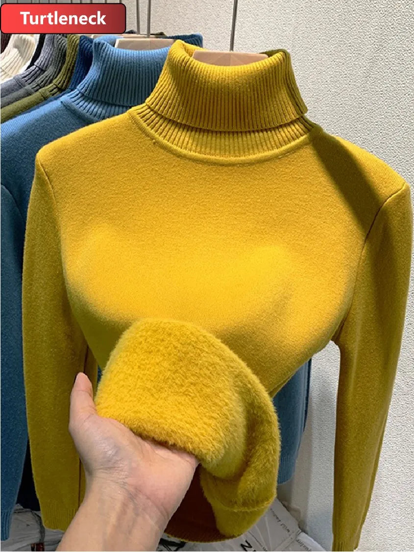 Verdicken Samt Rollkragenpullover Frauen Koreanische Mode Gefüttert Warme Sueter Gestrickte Pullover Schlank Top Winter Jersey Strickwaren Jumper