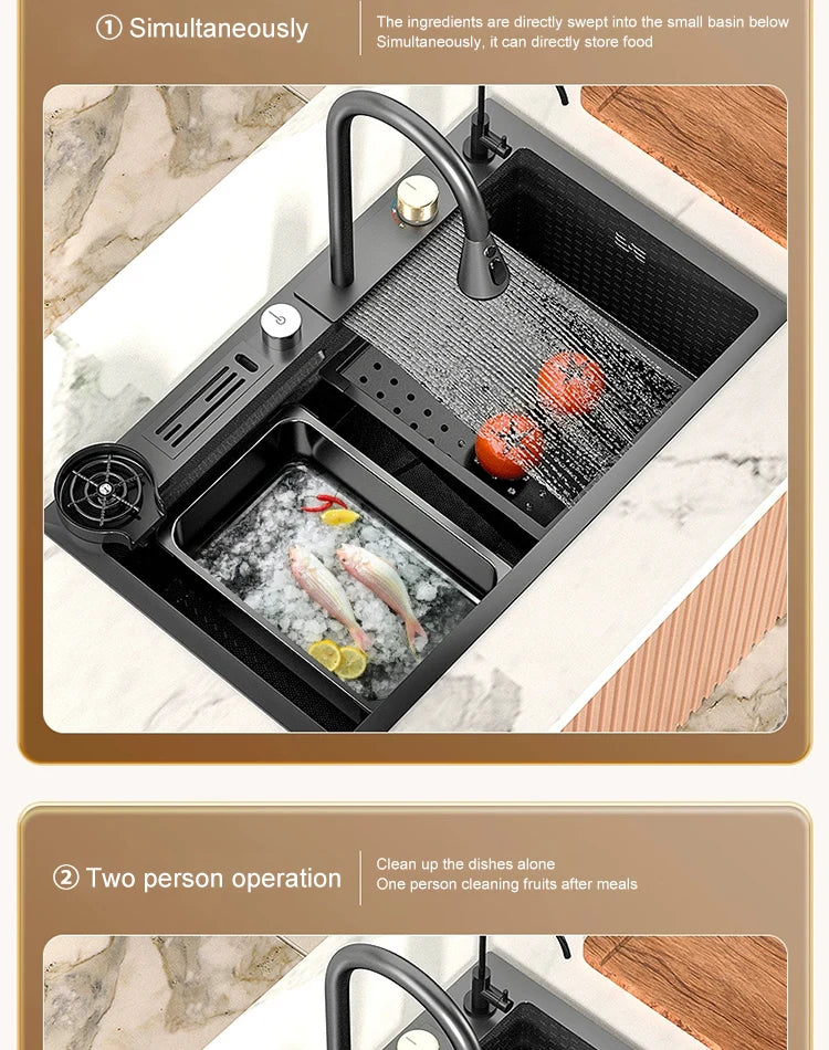 Large Single Slot Embossed Stainless Steel Waterfall Kitchen Sink  Household Wash basin Dishwashing  Sink For Kitchen