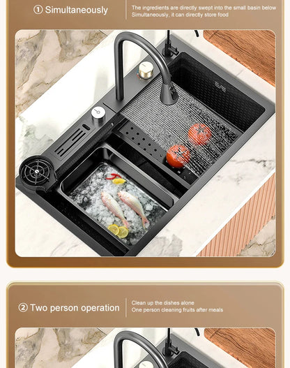 Large Single Slot Embossed Stainless Steel Waterfall Kitchen Sink  Household Wash basin Dishwashing  Sink For Kitchen