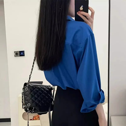 Vintage Blue Long Sleeve Shirts Women Spring Autumn 2025 Chic Single Breasted Blouses Woman Loose Turn Down Collar Shirts Ladies.