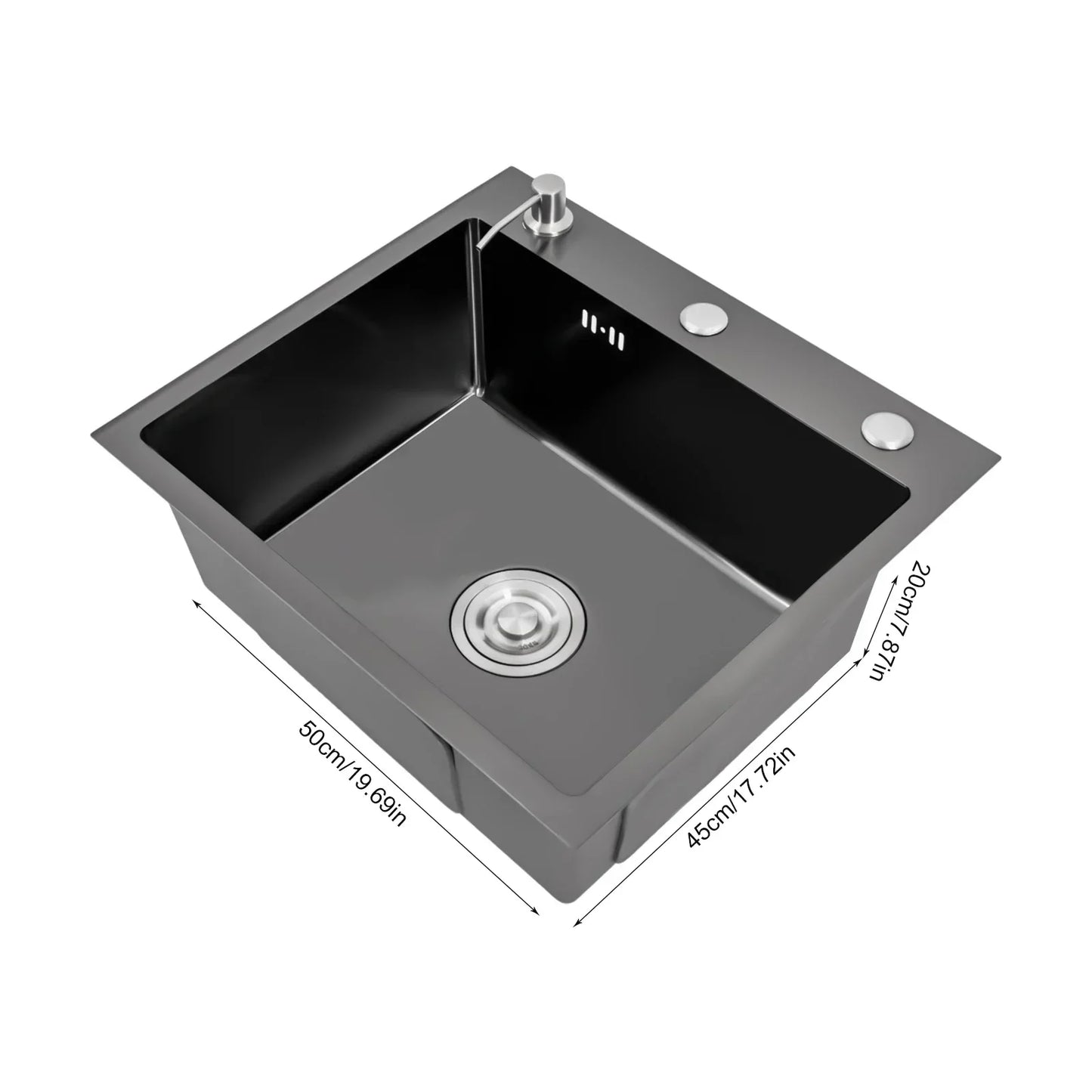 Stainless Steel Sink Kitchen Single Bowl Sink 50 x 45 cm Matte Black with Pipe & Soap Dispenser