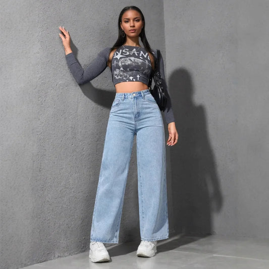 Jeans Women Denim Pant Wide Leg Pants Denims High Waist Washed Distressed Basics Straight Trousers 2025 Streetwear Floor Length.