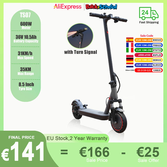 ATSANT TS07 Electric Scooter 600W 36V 10.5ah 31KM/H 35KM Long Range 8.5Inch Tyres with Shock Absorption Turn Signal Escooter.