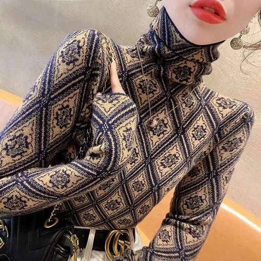 Frauen Kleidung Mode Rollkragen Argyle Stricken Pullover Herbst Winter Elegante Chic Schlanke Langarm Pullover Büro Dame Y2K Top