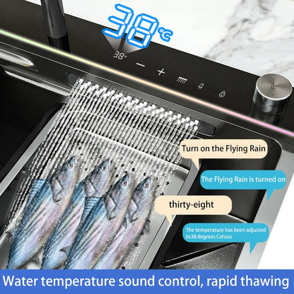 AI voice-controlled Stainless Steel Kitchen Sink With Waterfall  Embossed Large Single Slot Multifunction Dishwashing Sinks