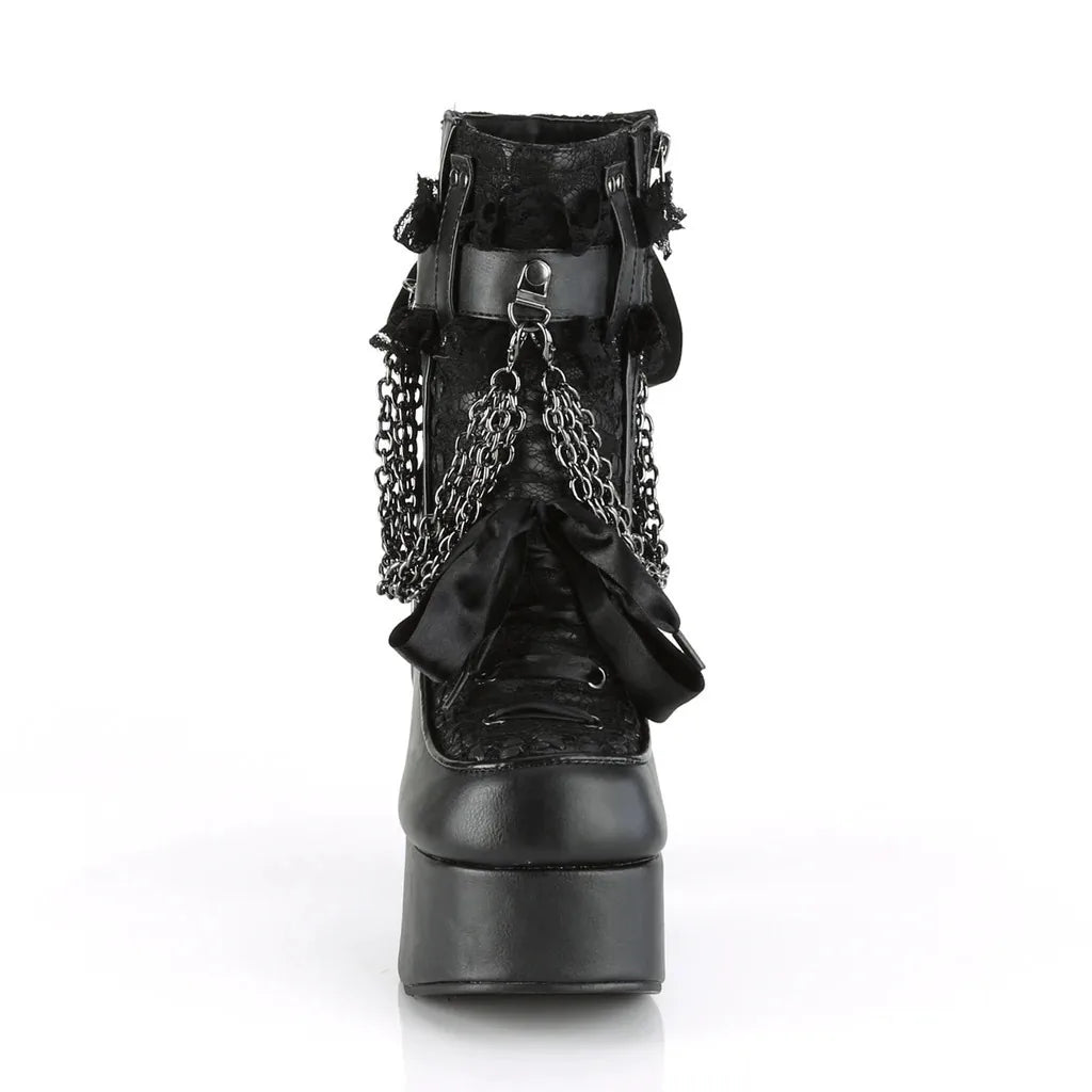 Gothic Style Chain Lace Up Bow Women Short Boots Retro Round Toe Square Heel Chunky Platform Ankle Boots Punk Ladies Party Shoes.