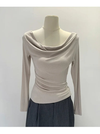 Off-The-Shoulder Long Sleeve T-Shirt Women's Early Autumn New Slimming Design Korean Style Sweet And Spicy Fashion Tops