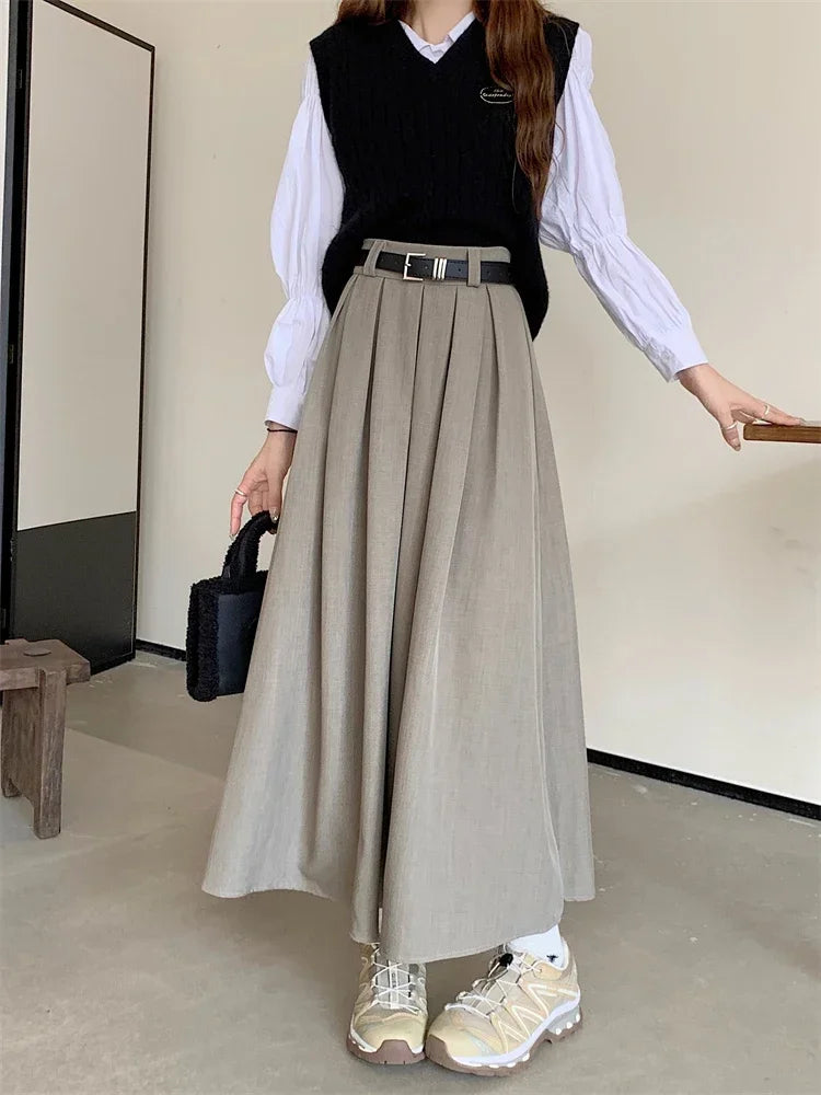 2024 New Korean Skirt Women Solid Color Versatile Mid-length Pleated Skirt Large Swing Type Skirt Female Long Skirts for Women