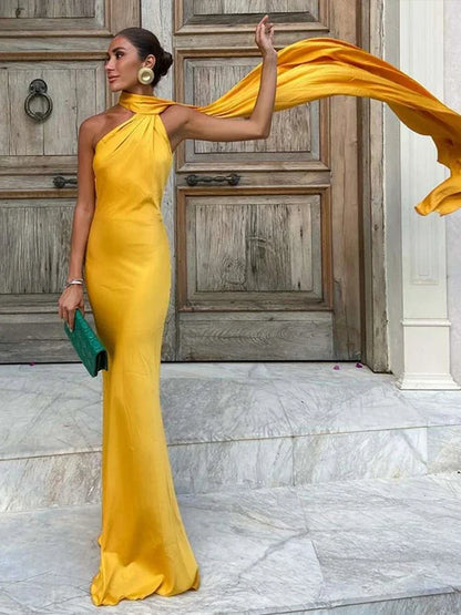 Band hängenden Hals lange Kleider schräg Schulter schnüren rücken frei seidig Satin Temperament Slim Fit Neck holder Frau Fischschwanz Kleid