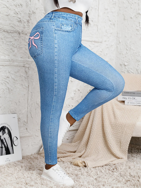 Plus Size High Waisted Skinny Jeans Faux Denim Printed Stretch Leggings Distressed Effect Women's Comfortable Fit Stretchy Pants.