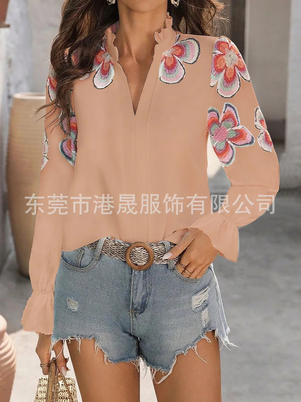 New Fashion American European Women's Printed Casual Trendy Loose V-neck Long Puff Sleeve Simple Basic Shirts Female Clothes.