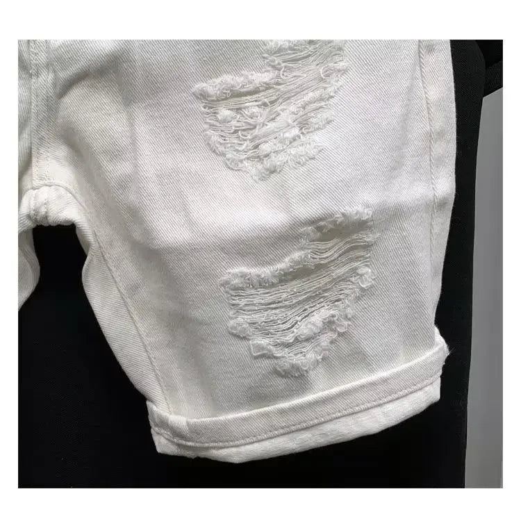 New Men's Denim Shorts Trendy Solid Color Ripped Slim Fit High Waist Elastic Waist Breathable Quick Dry Cotton Pants.