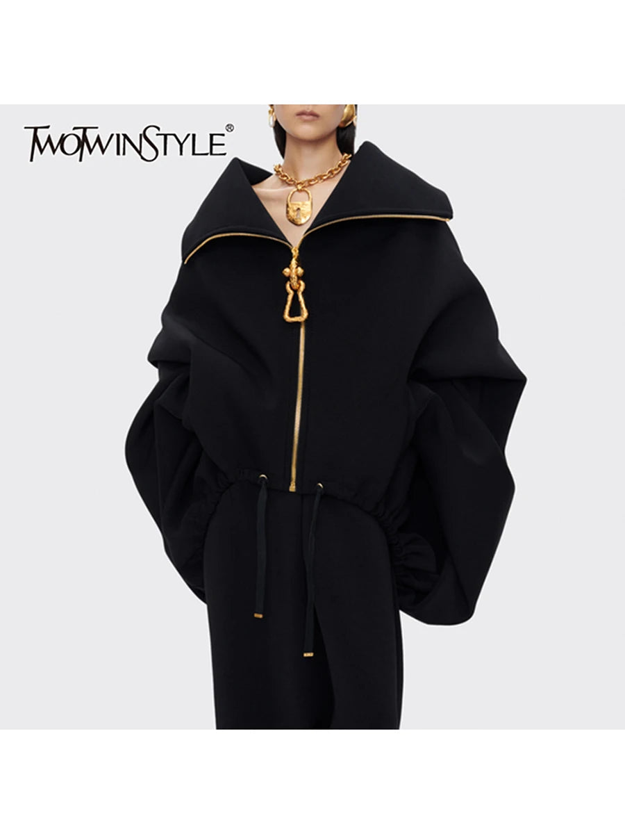 TWOTWINSTYLE Solid Loose Spliced Zipper Fashion Jackets for Women Lapel Long Sleeves Patchwork Lace Up Casual Jacket Female New.