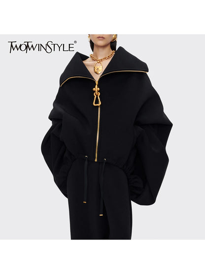 TWOTWINSTYLE Solid Loose Spliced Zipper Fashion Jackets for Women Lapel Long Sleeves Patchwork Lace Up Casual Jacket Female New.