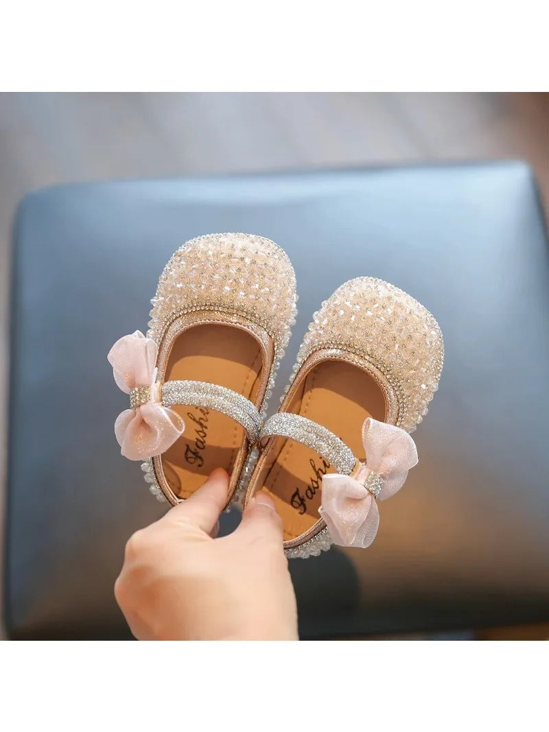 Girls Walking Shoes Lace Mesh Bows Kids Princess Shoes Non-slip Shiny Sequins 2025 New Children Flat Shoes Soft Sole Non-slip.