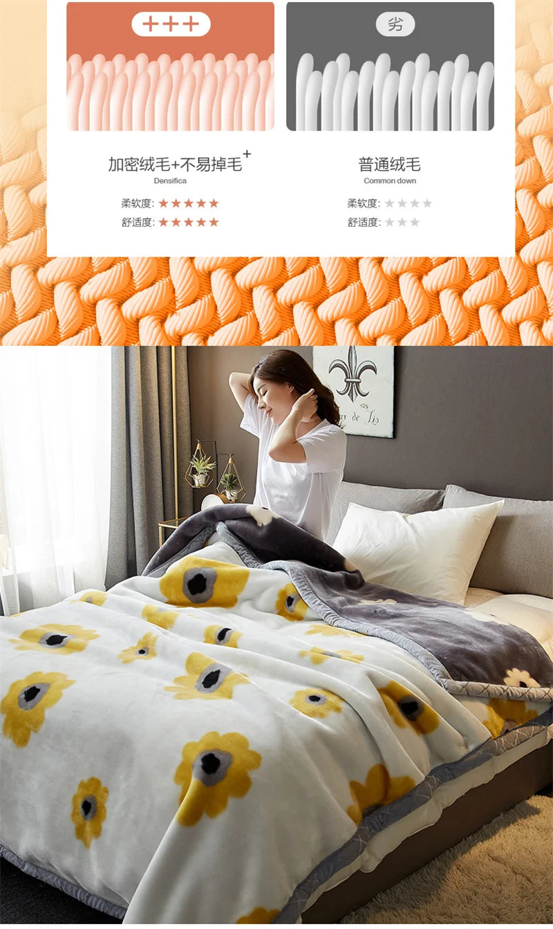 Double Sided Printed Autumn Winter Blankets for Bed Soft Warm Encrypted Flocking Raschel Blanket Skin Friendly Weighted Blanket.