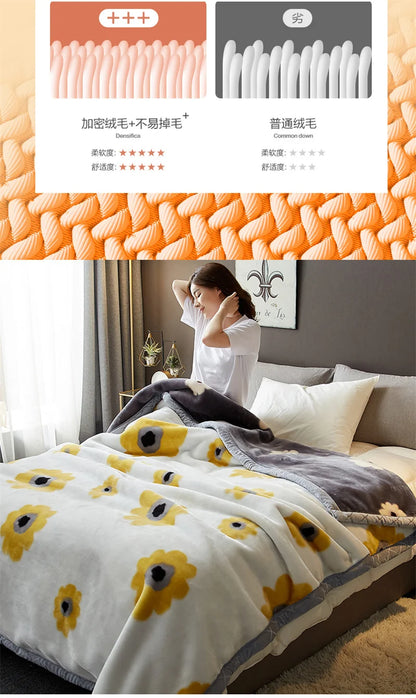 Double Sided Printed Autumn Winter Blankets for Bed Soft Warm Encrypted Flocking Raschel Blanket Skin Friendly Weighted Blanket.