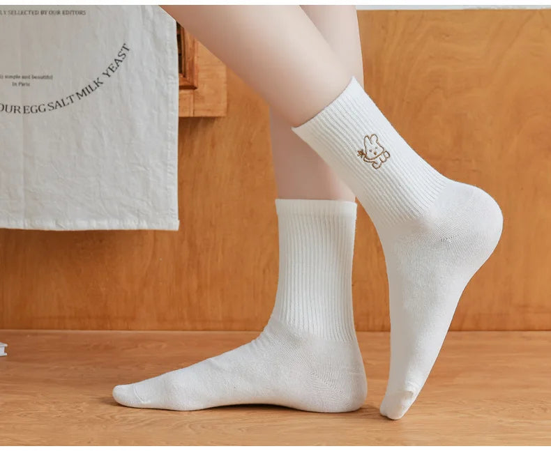 5 Pairs of White Women's Embroidered Socks for All Seasons Cotton Socks Mid-high Tube Student Cartoon Sports Socks.