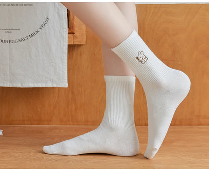 5 Pairs of White Women's Embroidered Socks for All Seasons Cotton Socks Mid-high Tube Student Cartoon Sports Socks.